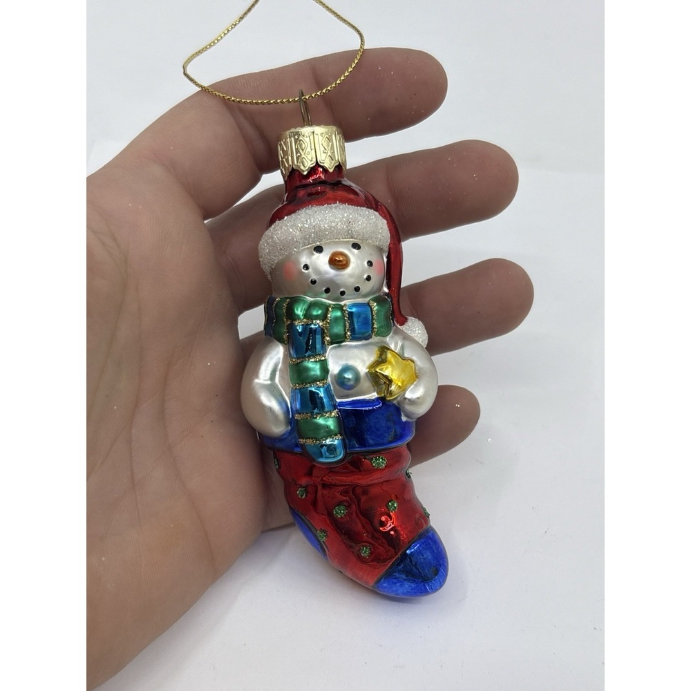 Snowman Inside Stocking Glass Christmas Tree Ornament Thomas Pacconi